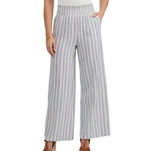 NWOT Ellen Tracy Women's Linen Smocked Wide Leg Pant Blue and Tan Stripe‎ Size S
